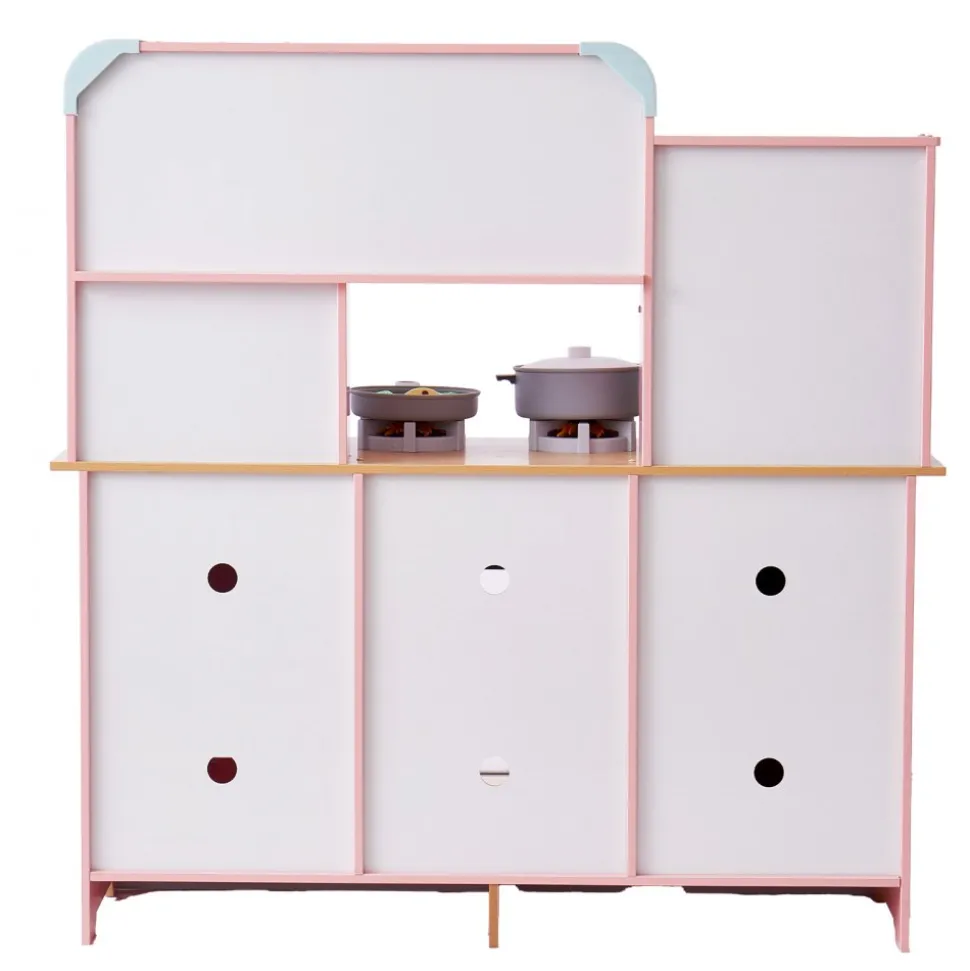 VEVOR Play Kitchen for Kids, Wooden Toy Kitchen Set with Lights and Sounds, Toddler Kitchen with Ice Maker, Oven, Sink, Microwaves, Fridge and Utensil and Fruit Accessory for Toddlers ages 3-8,Pink