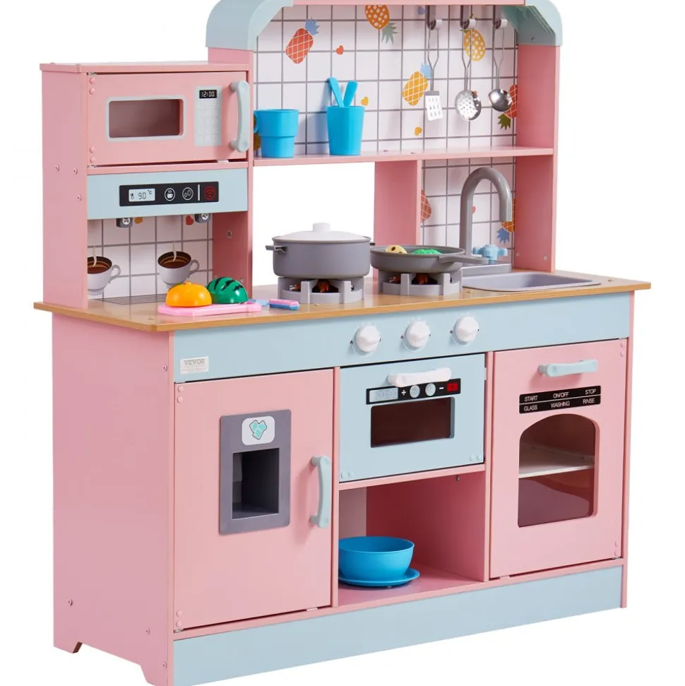 VEVOR Play Kitchen for Kids, Wooden Toy Kitchen Set with Lights and Sounds, Toddler Kitchen with Ice Maker, Oven, Sink, Microwaves, Fridge and Utensil and Fruit Accessory for Toddlers ages 3-8,Pink