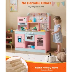 VEVOR Play Kitchen for Kids, Wooden Toy Kitchen Set with Lights and Sounds, Toddler Kitchen with Ice Maker, Oven, Sink, Microwaves, Fridge and Utensil and Fruit Accessory for Toddlers ages 3-8,Pink
