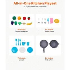 VEVOR Play Kitchen for Kids, Wooden Toy Kitchen Set with Lights and Sounds, Toddler Kitchen with Ice Maker, Oven, Sink, Microwaves, Fridge and Utensil and Fruit Accessory for Toddlers ages 3-8,Pink