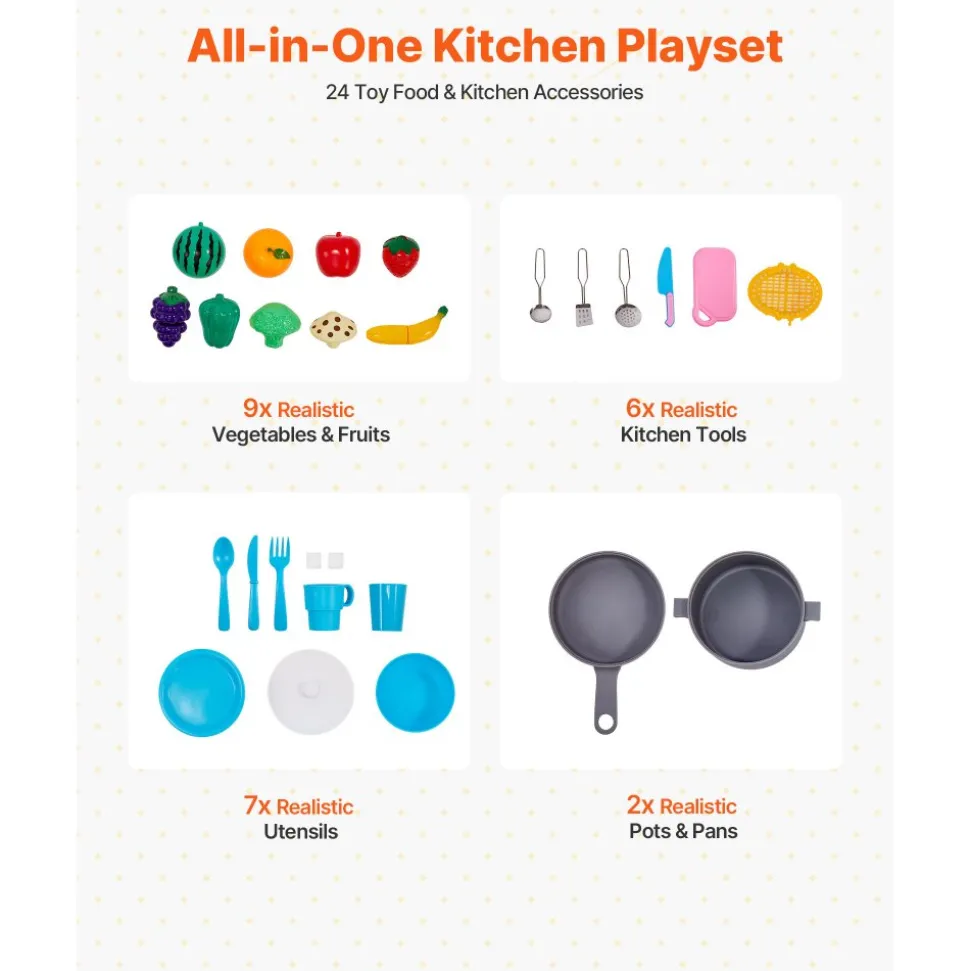 VEVOR Play Kitchen for Kids, Wooden Toy Kitchen Set with Lights and Sounds, Toddler Kitchen with Ice Maker, Oven, Sink, Microwaves, Fridge and Utensil and Fruit Accessory for Toddlers ages 3-8,Pink