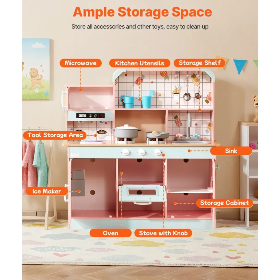 VEVOR Play Kitchen for Kids, Wooden Toy Kitchen Set with Lights and Sounds, Toddler Kitchen with Ice Maker, Oven, Sink, Microwaves, Fridge and Utensil and Fruit Accessory for Toddlers ages 3-8,Pink