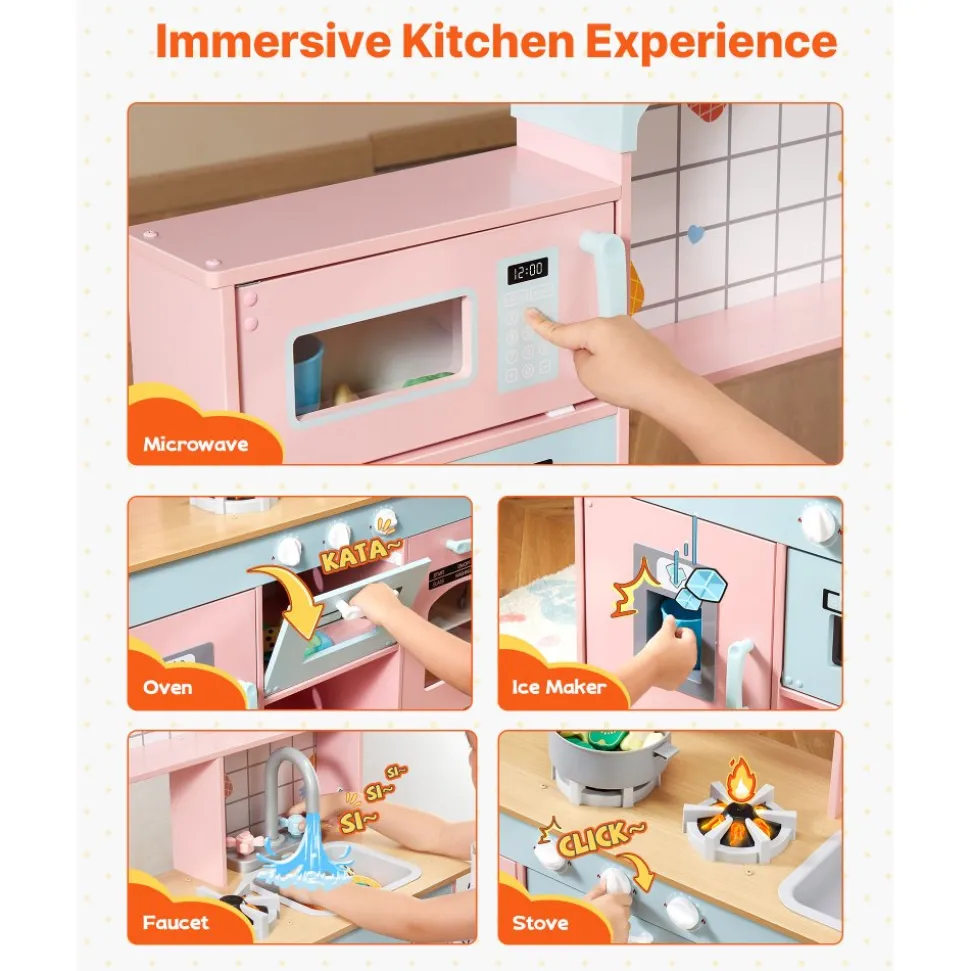 VEVOR Play Kitchen for Kids, Wooden Toy Kitchen Set with Lights and Sounds, Toddler Kitchen with Ice Maker, Oven, Sink, Microwaves, Fridge and Utensil and Fruit Accessory for Toddlers ages 3-8,Pink