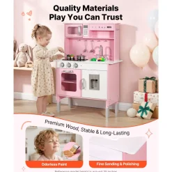 VEVOR Play Kitchen for Kids, Wooden, Kids Kitchen Playset with Real Lights & Sounds, Food & Cookware, Pretend Play Toy Set, Microwave, Oven, Clicking Knobs, for Toddlers, Girls & Boys Ages 3-8, Pink