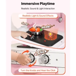 VEVOR Play Kitchen for Kids, Wooden, Kids Kitchen Playset with Real Lights & Sounds, Food & Cookware, Pretend Play Toy Set, Microwave, Oven, Clicking Knobs, for Toddlers, Girls & Boys Ages 3-8, Pink