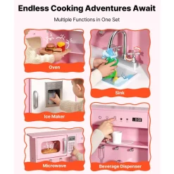 VEVOR Play Kitchen for Kids, Wooden, Kids Kitchen Playset with Real Lights & Sounds, Food & Cookware, Pretend Play Toy Set, Microwave, Oven, Clicking Knobs, for Toddlers, Girls & Boys Ages 3-8, Pink