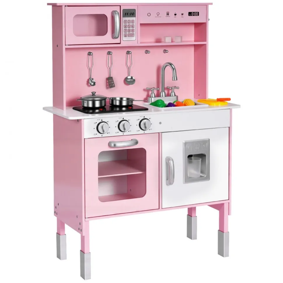 VEVOR Play Kitchen for Kids, Wooden, Kids Kitchen Playset with Real Lights & Sounds, Food & Cookware, Pretend Play Toy Set, Microwave, Oven, Clicking Knobs, for Toddlers, Girls & Boys Ages 3-8, Pink