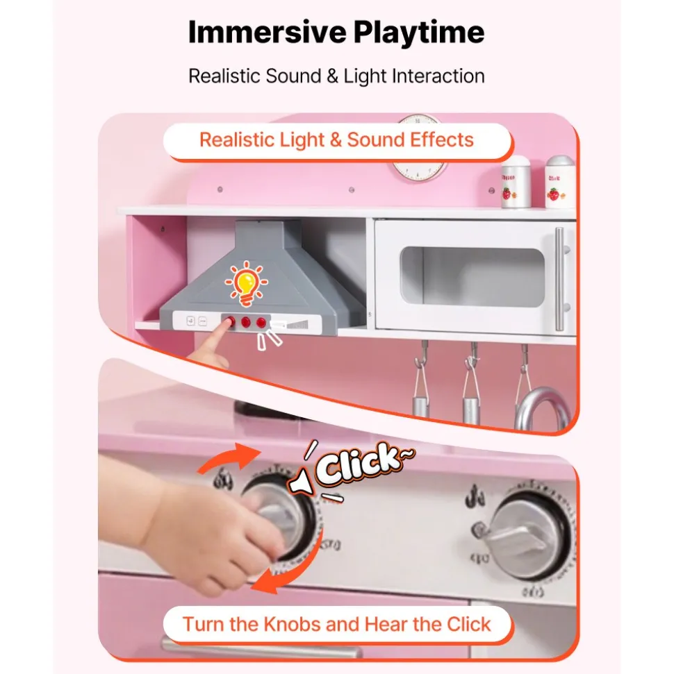 VEVOR Play Kitchen for Kids, Wooden, Kids Kitchen Playset with Real Lights & Sounds, Food & Cookware Accessories, Pretend Play Toy Set, Range Hood, Microwave, for Toddlers, Girls & Boys Ages 3-8, Pink