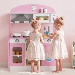 VEVOR Play Kitchen for Kids, Wooden, Kids Kitchen Playset with Real Lights & Sounds, Food & Cookware Accessories, Pretend Play Toy Set, Range Hood, Microwave, for Toddlers, Girls & Boys Ages 3-8, Pink