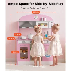 VEVOR Play Kitchen for Kids, Wooden, Kids Kitchen Playset with Real Lights & Sounds, Food & Cookware Accessories, Pretend Play Toy Set, Range Hood, Microwave, for Toddlers, Girls & Boys Ages 3-8, Pink