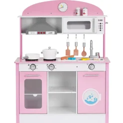 VEVOR Play Kitchen for Kids, Wooden, Kids Kitchen Playset with Real Lights & Sounds, Food & Cookware Accessories, Pretend Play Toy Set, Range Hood, Microwave, for Toddlers, Girls & Boys Ages 3-8, Pink