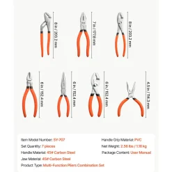 VEVOR Pliers Set 7-Piece Utility Set Polished Carbon Steel Jaw Hand Tools, For DIY & Home Use, 8" Groove Joint, 7" Combination, 6" Diagonal, 6"/8" Slip Joint, 4.5"/6" Long Nose Pliers, Non-Slip Grips