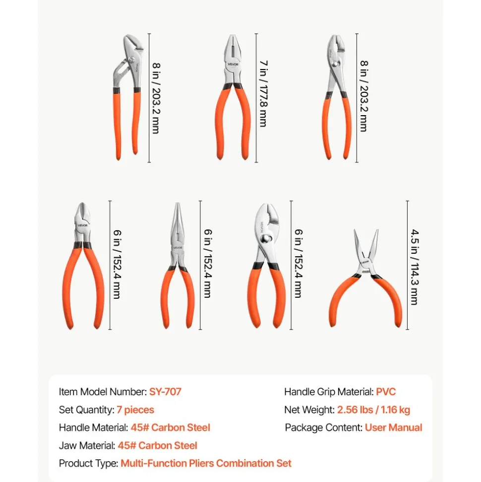 VEVOR Pliers Set 7-Piece Utility Set Polished Carbon Steel Jaw Hand Tools, For DIY & Home Use, 8" Groove Joint, 7" Combination, 6" Diagonal, 6"/8" Slip Joint, 4.5"/6" Long Nose Pliers, Non-Slip Grips