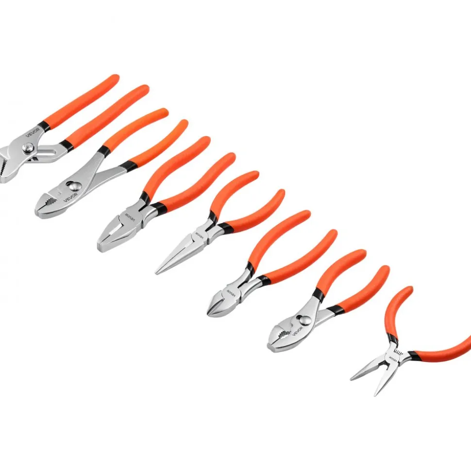 VEVOR Pliers Set 7-Piece Utility Set Polished Carbon Steel Jaw Hand Tools, For DIY & Home Use, 8" Groove Joint, 7" Combination, 6" Diagonal, 6"/8" Slip Joint, 4.5"/6" Long Nose Pliers, Non-Slip Grips