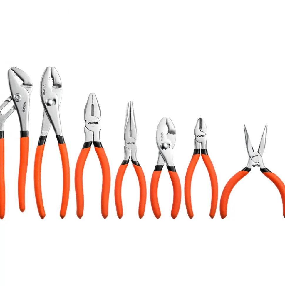 VEVOR Pliers Set 7-Piece Utility Set Polished Carbon Steel Jaw Hand Tools, For DIY & Home Use, 8" Groove Joint, 7" Combination, 6" Diagonal, 6"/8" Slip Joint, 4.5"/6" Long Nose Pliers, Non-Slip Grips
