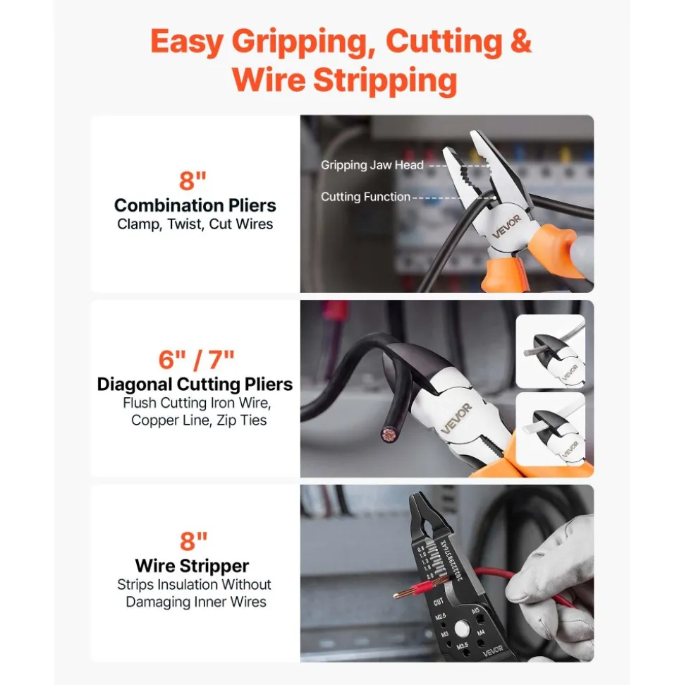 VEVOR Pliers Set 20-Piece Utility Set Polished Carbon Steel Jaw Hand Tools, For DIY & Home Use, Long Nose, Locking, Diagonal, Groove Joint, Snap Ring, Slip Joint Pliers, with 2-Pack Organizer Rack