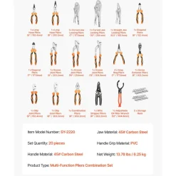 VEVOR Pliers Set 20-Piece Utility Set Polished Carbon Steel Jaw Hand Tools, For DIY & Home Use, Long Nose, Locking, Diagonal, Groove Joint, Snap Ring, Slip Joint Pliers, with 2-Pack Organizer Rack