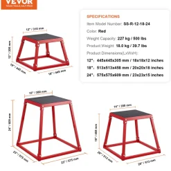 VEVOR Plyometric Jump Boxes, 12/18/24 Inch Plyo Box, Platform and Jumping Agility Box, Anti-Slip Fitness Exercise Step Up Box Set for Home Gym Training, Conditioning Strength Training, Red