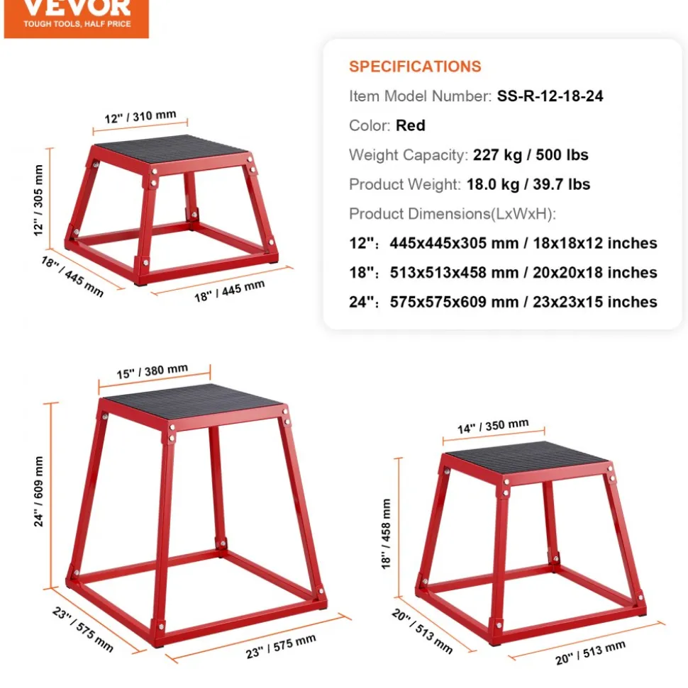 VEVOR Plyometric Jump Boxes, 12/18/24 Inch Plyo Box, Platform and Jumping Agility Box, Anti-Slip Fitness Exercise Step Up Box Set for Home Gym Training, Conditioning Strength Training, Red