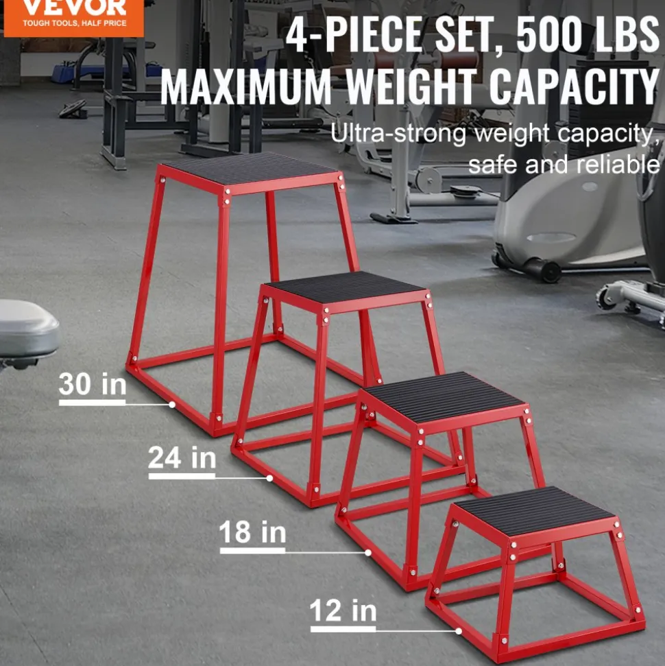 VEVOR Plyometric Jump Boxes, 12/18/24/30 Inch Plyo Box, Platform and Jumping Agility Box, Anti-Slip Fitness Exercise Step Up Box Set for Home Gym Training, Conditioning Strength Training, Red