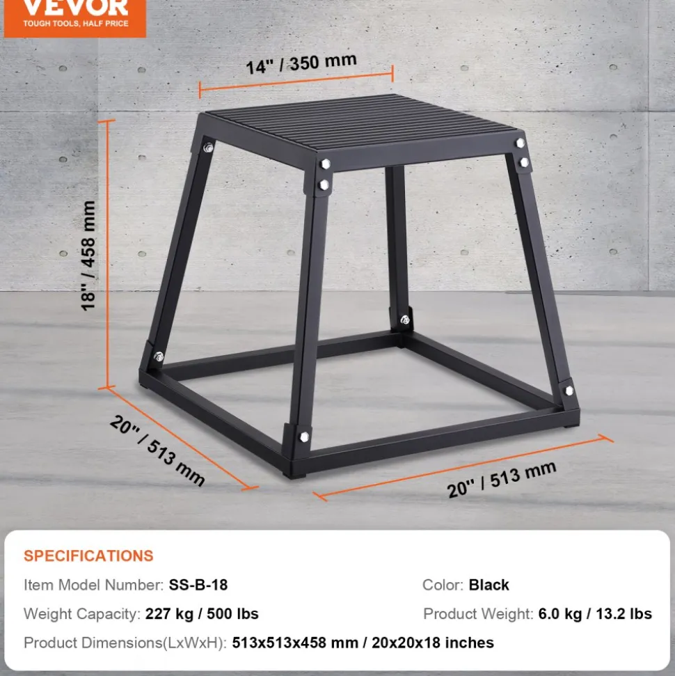 VEVOR Plyometric Jump Box, 18 Inch Plyo Box, Steel Plyometric Platform and Jumping Agility Box, Anti-Slip Fitness Exercise Step Up Box for Home Gym Training, Conditioning Strength Training, Black