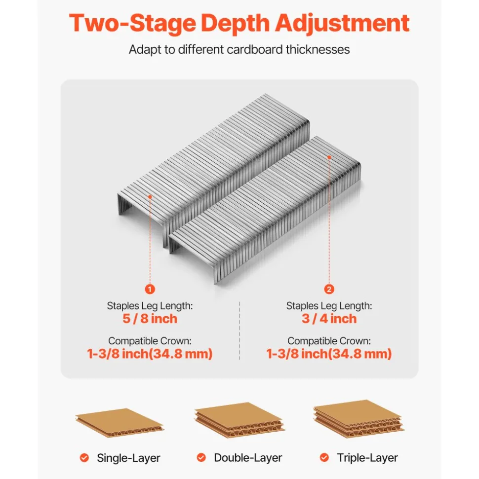 VEVOR Pneumatic Carton Closing Stapler, 13 Gauge Pneumatic Cardboard Staple Gun for 1-3/8 inch Crown 5/8" & 3/4" Length, Depth-Adjustable 70-120 PSI Air Staple Gun for Boxes Carton Closing, Packaging