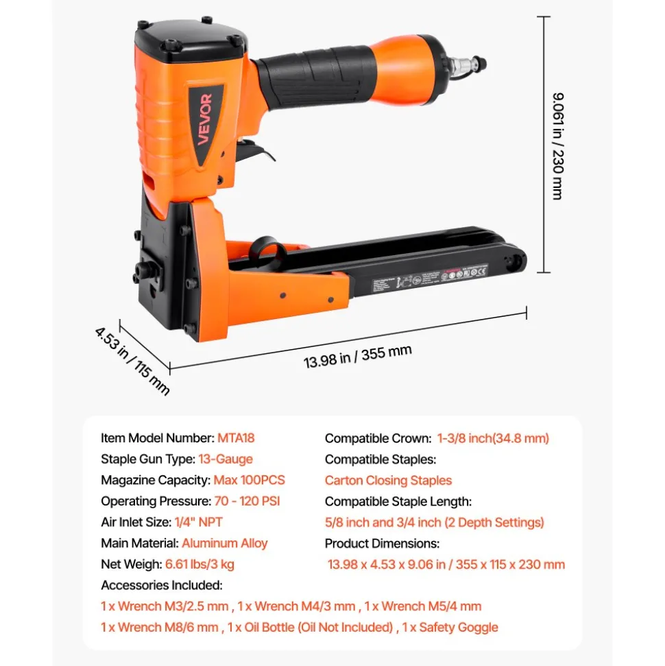VEVOR Pneumatic Carton Closing Stapler, 13 Gauge Pneumatic Cardboard Staple Gun for 1-3/8 inch Crown 5/8" & 3/4" Length, Depth-Adjustable 70-120 PSI Air Staple Gun for Boxes Carton Closing, Packaging