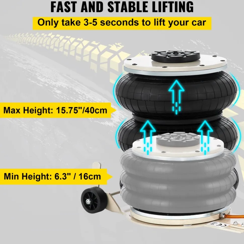VEVOR Pneumatic Jack, 5 Ton/11023 lbs Triple Bag Air Jack, Lifting Height 6.3-15.75 Inch, Inflatable Car Jack with Long Handle, Lifter Pneumatic Air Jack for Garage Car Lifting Repair