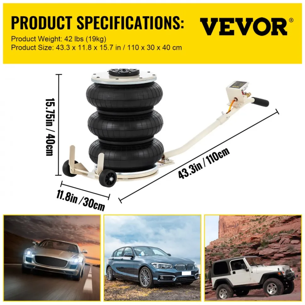 VEVOR Pneumatic Jack, 5 Ton/11023 lbs Triple Bag Air Jack, Lifting Height 6.3-15.75 Inch, Inflatable Car Jack with Long Handle, Lifter Pneumatic Air Jack for Garage Car Lifting Repair