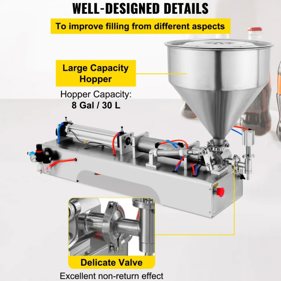 VEVOR Pneumatic Liquid Paste Filling Machine 50-500ML Volume, Horizontal Cream Filling Machine with 30L Hopper, Pneumatic liquid Filling Machine for Water Oil Cream etc