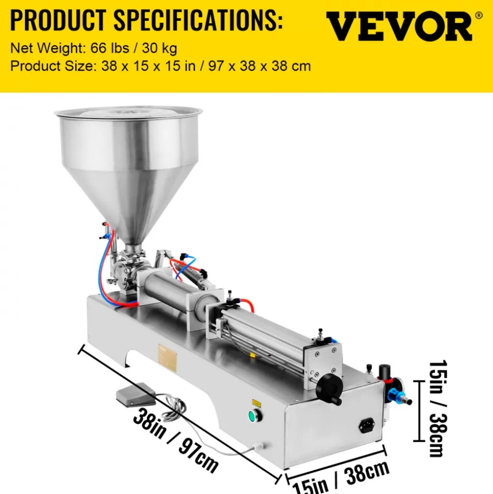 VEVOR Pneumatic Liquid Paste Filling Machine 50-500ML Volume, Horizontal Cream Filling Machine with 30L Hopper, Pneumatic liquid Filling Machine for Water Oil Cream etc
