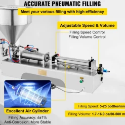 VEVOR Pneumatic Liquid Paste Filling Machine 50-500ML Volume, Horizontal Cream Filling Machine with 30L Hopper, Pneumatic liquid Filling Machine for Water Oil Cream etc