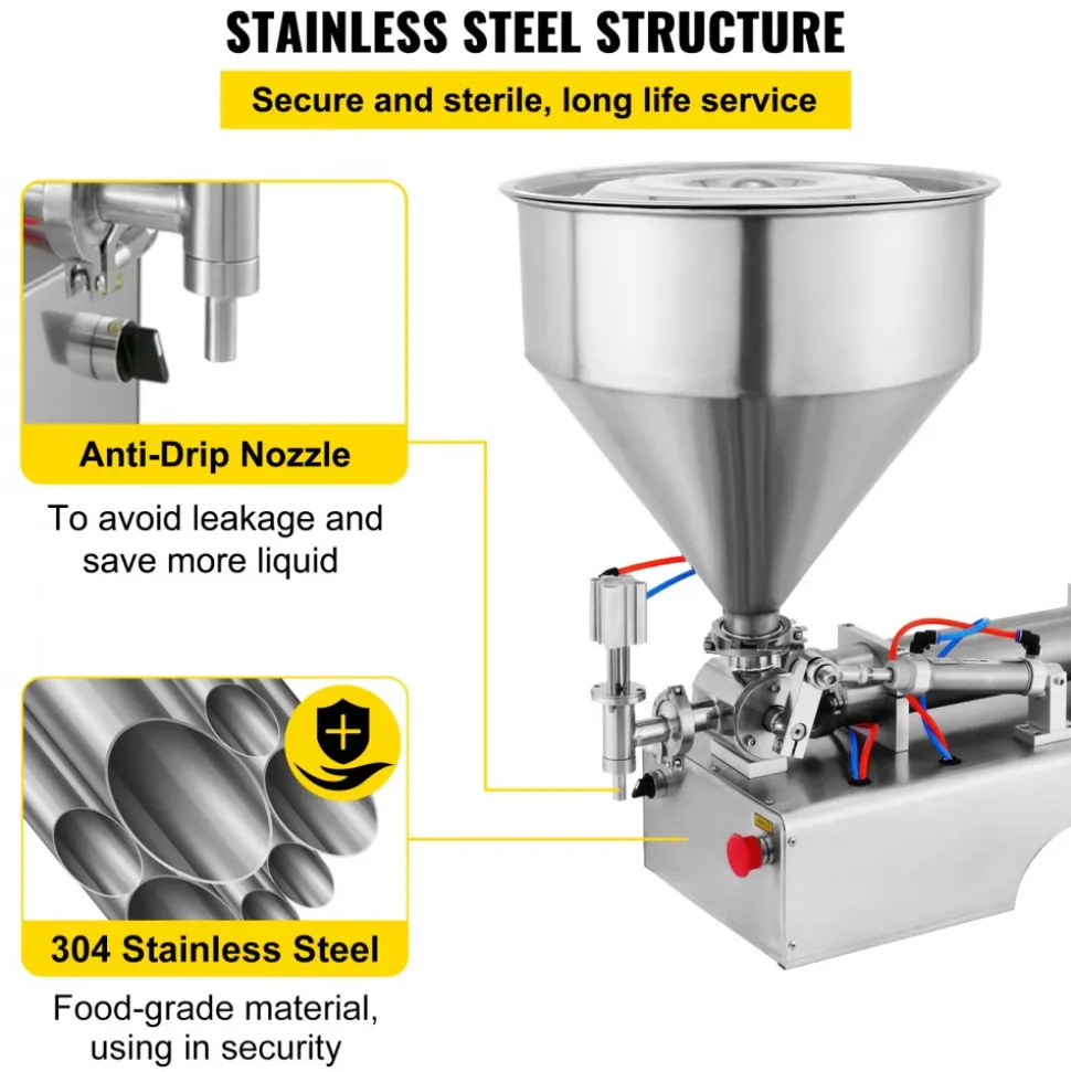 VEVOR Pneumatic Liquid Paste Filling Machine 50-500ML Volume, Horizontal Cream Filling Machine with 30L Hopper, Pneumatic liquid Filling Machine for Water Oil Cream etc