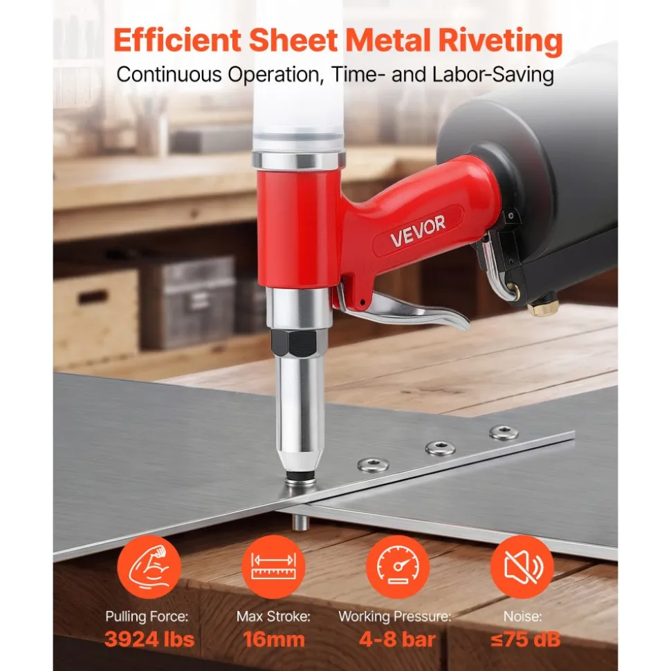 VEVOR Pneumatic Rivet Gun Kit with 3/32" 1/8" 5/32" 3/16" 1/4" Nosepieces, 3924 LBS Pulling Force, 3-Claw Secure Grip, Air Pop Riveter Tool for Automotive, Construction, Industrial Manufacturing