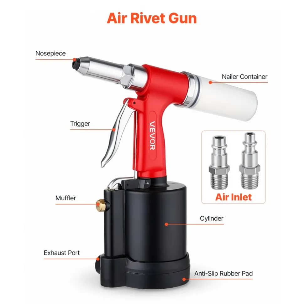 VEVOR Pneumatic Rivet Gun Kit with 3/32" 1/8" 5/32" 3/16" 1/4" Nosepieces, 3924 LBS Pulling Force, 3-Claw Secure Grip, Air Pop Riveter Tool for Automotive, Construction, Industrial Manufacturing