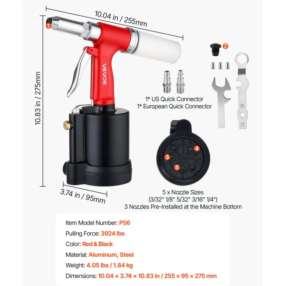 VEVOR Pneumatic Rivet Gun Kit with 3/32" 1/8" 5/32" 3/16" 1/4" Nosepieces, 3924 LBS Pulling Force, 3-Claw Secure Grip, Air Pop Riveter Tool for Automotive, Construction, Industrial Manufacturing