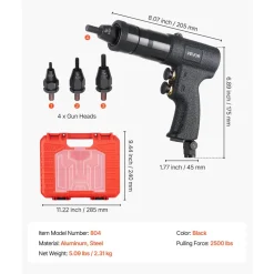 VEVOR Pneumatic Rivet Nut Gun Kit with 1/4" 5/16" 10/24" 3/8" Gun Heads, 20PCS Mandrels, 2500LBS Force, Forward & Reverse Switch, Air Rivet Nut Tool for Auto, Construction, Industrial Manufacturing