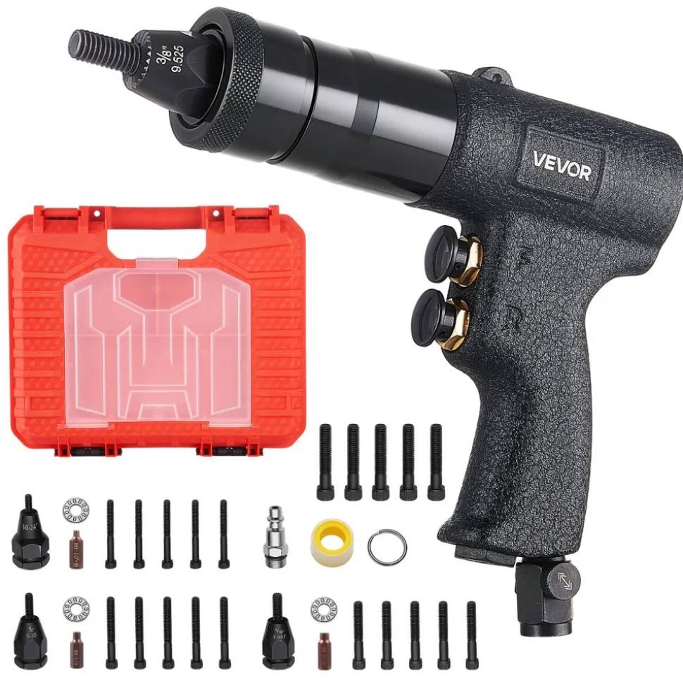VEVOR Pneumatic Rivet Nut Gun Kit with 1/4" 5/16" 10/24" 3/8" Gun Heads, 20PCS Mandrels, 2500LBS Force, Forward & Reverse Switch, Air Rivet Nut Tool for Auto, Construction, Industrial Manufacturing