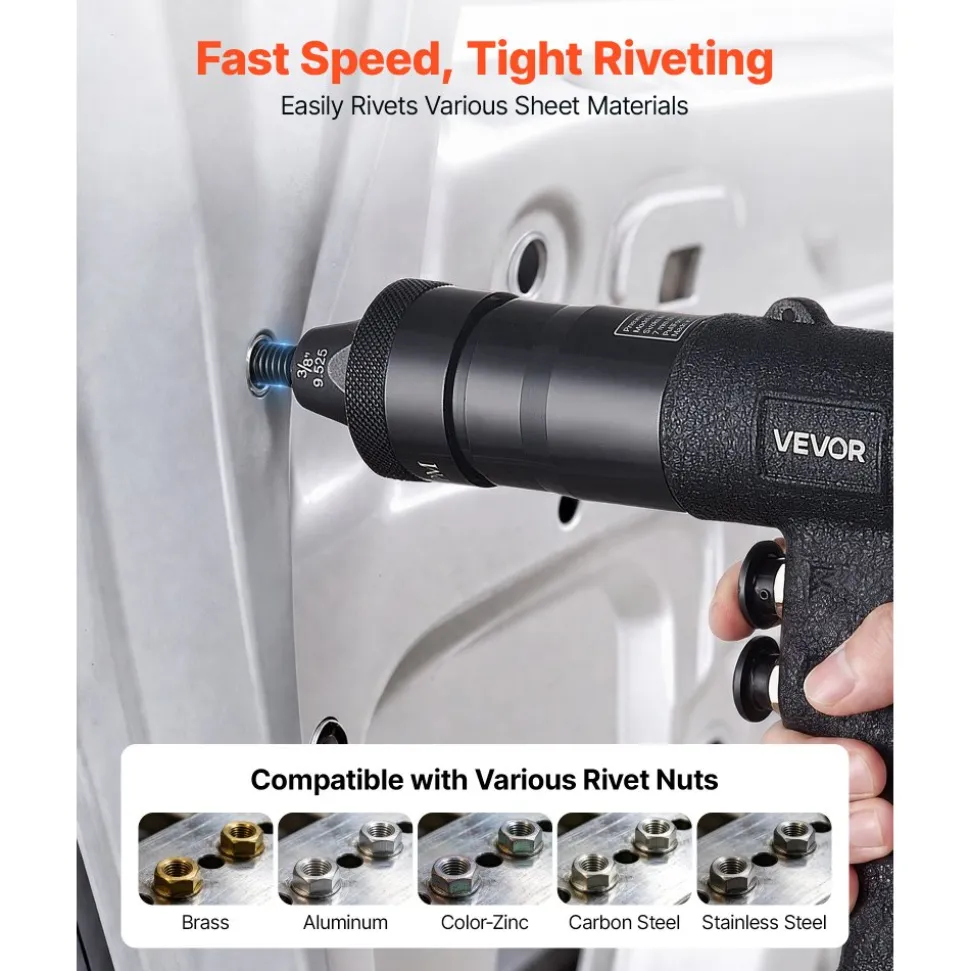 VEVOR Pneumatic Rivet Nut Gun Kit with 1/4" 5/16" 10/24" 3/8" Gun Heads, 20PCS Mandrels, 2500LBS Force, Forward & Reverse Switch, Air Rivet Nut Tool for Auto, Construction, Industrial Manufacturing