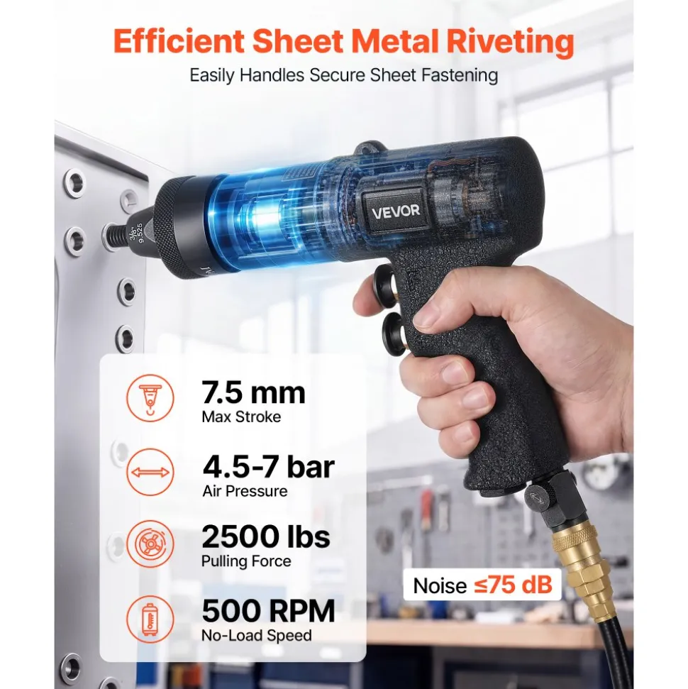 VEVOR Pneumatic Rivet Nut Gun Kit with 1/4" 5/16" 10/24" 3/8" Gun Heads, 20PCS Mandrels, 2500LBS Force, Forward & Reverse Switch, Air Rivet Nut Tool for Auto, Construction, Industrial Manufacturing