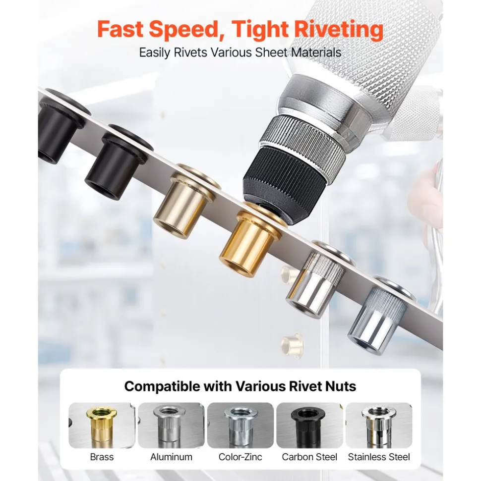 VEVOR Pneumatic Rivet Nut Gun Kit with 8PCS SAE & Metric Gun Heads, M4 M5 M6 M8 M10 1/4" 5/16" 3/8", 2680LBS Force, Air Rivet Nut Tool for Automotive, Construction, Industrial Manufacturing