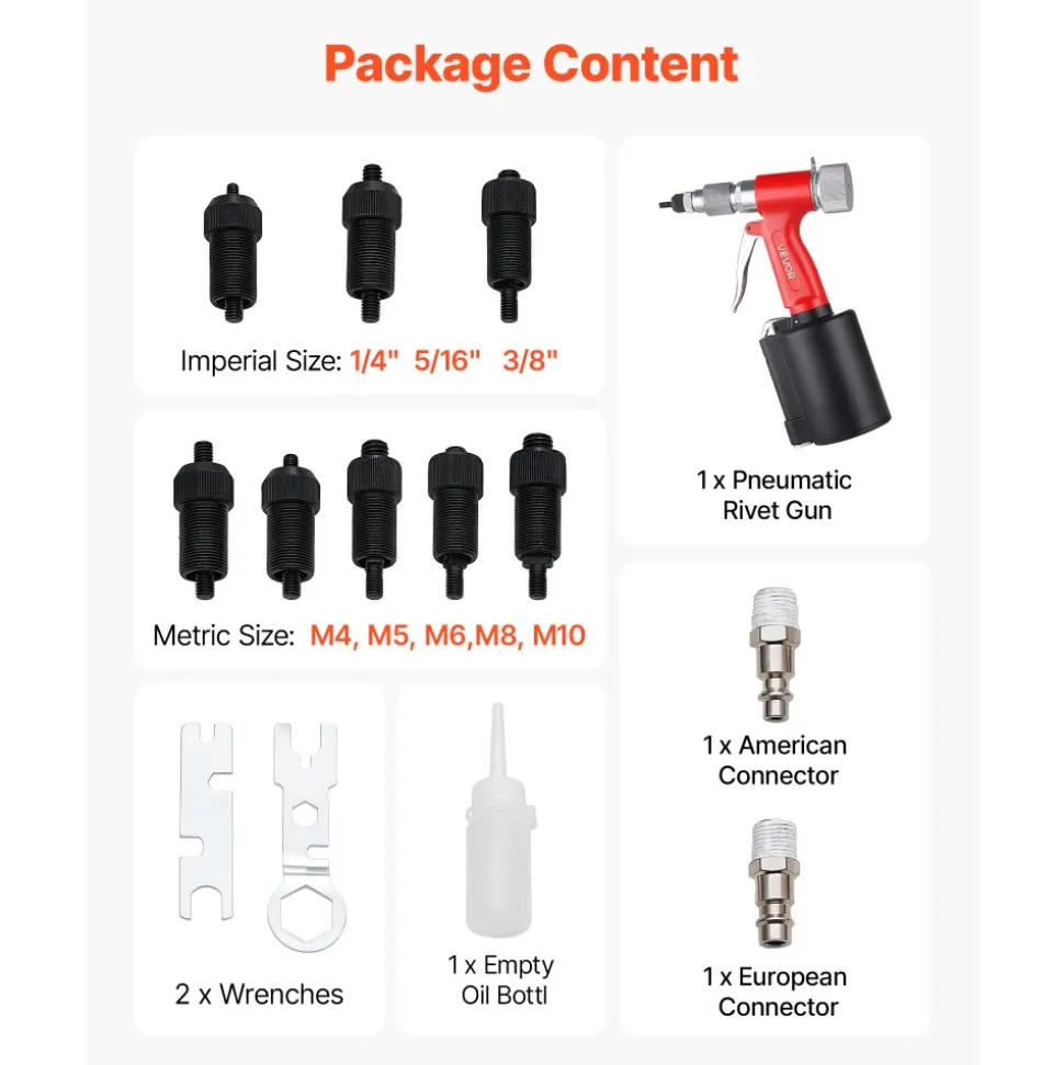 VEVOR Pneumatic Rivet Nut Gun Kit with 8PCS SAE & Metric Gun Heads, M4 M5 M6 M8 M10 1/4" 5/16" 3/8", 2680LBS Force, Air Rivet Nut Tool for Automotive, Construction, Industrial Manufacturing