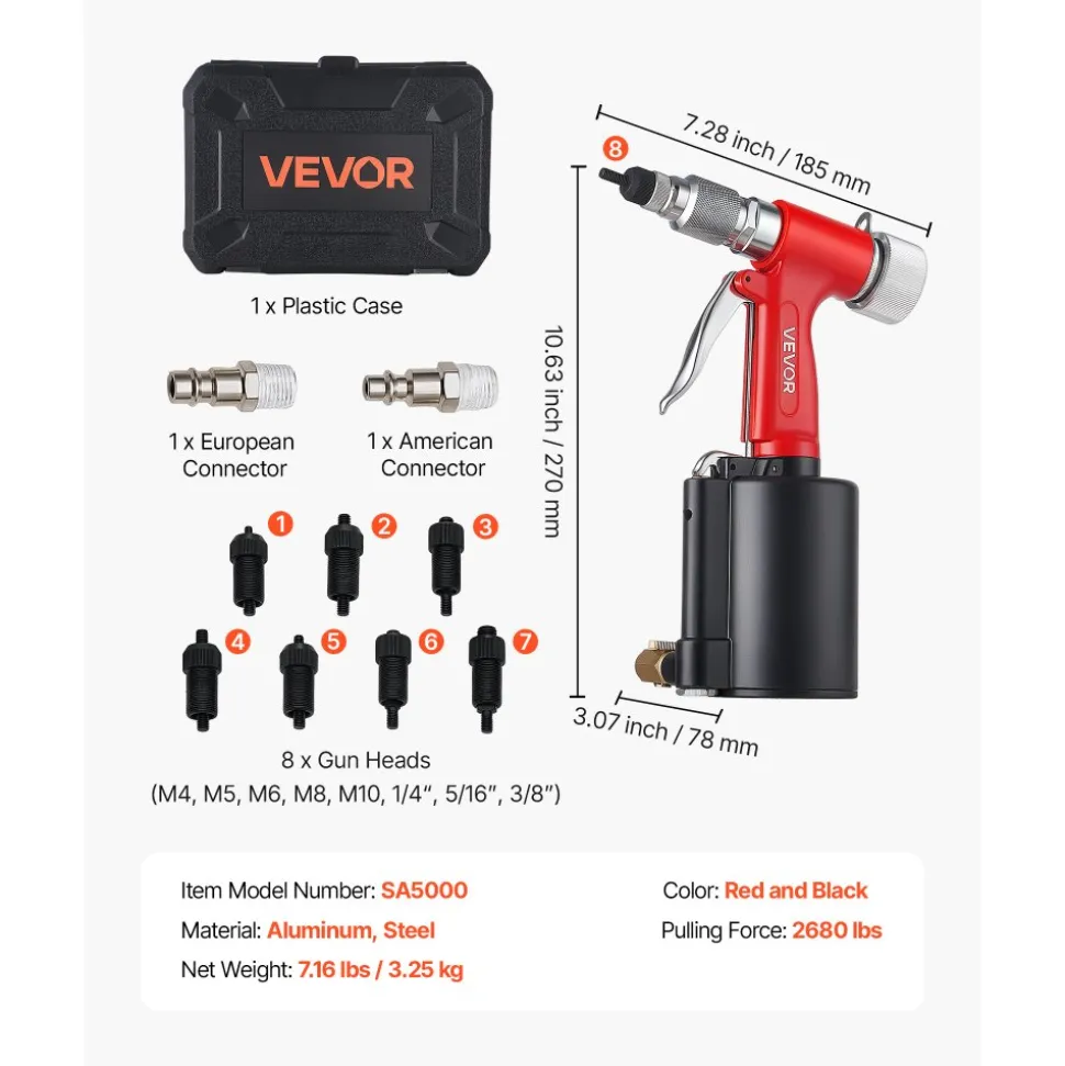 VEVOR Pneumatic Rivet Nut Gun Kit with 8PCS SAE & Metric Gun Heads, M4 M5 M6 M8 M10 1/4" 5/16" 3/8", 2680LBS Force, Air Rivet Nut Tool for Automotive, Construction, Industrial Manufacturing