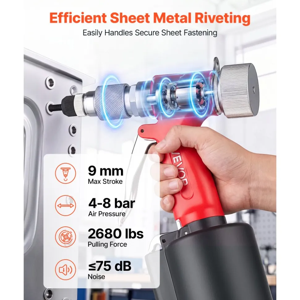 VEVOR Pneumatic Rivet Nut Gun Kit with 8PCS SAE & Metric Gun Heads, M4 M5 M6 M8 M10 1/4" 5/16" 3/8", 2680LBS Force, Air Rivet Nut Tool for Automotive, Construction, Industrial Manufacturing