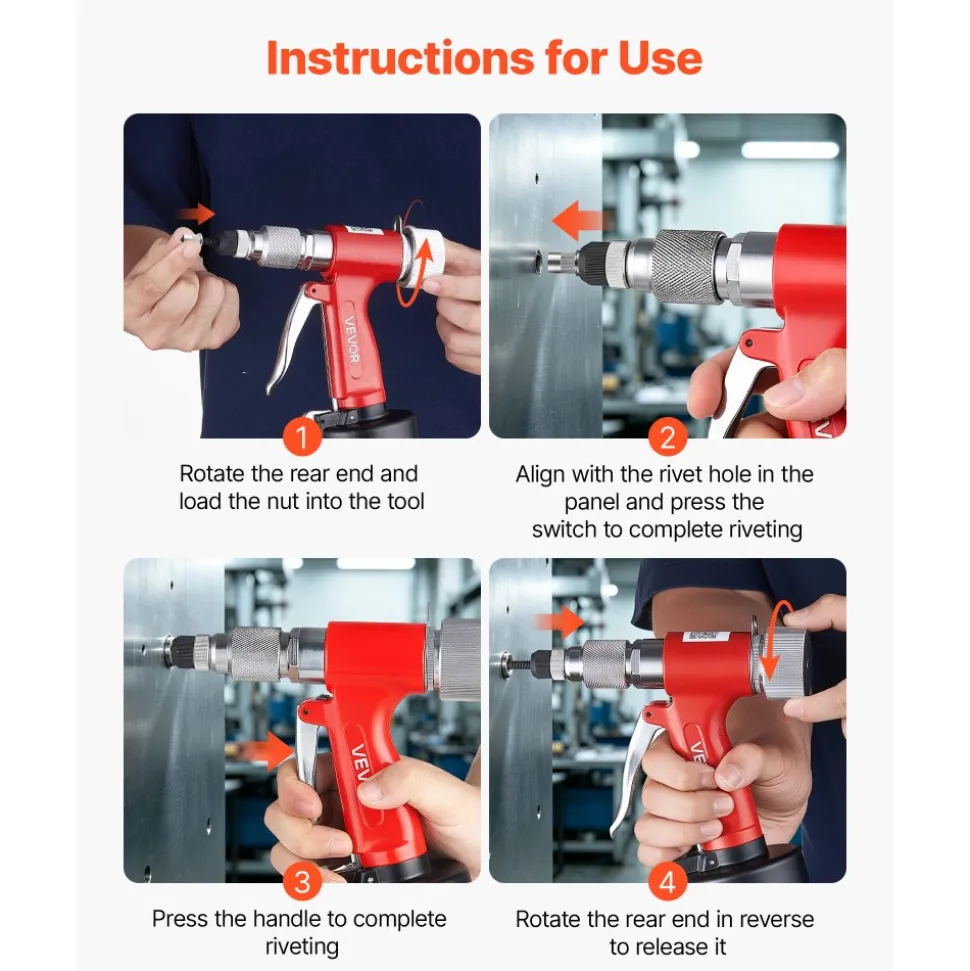 VEVOR Pneumatic Rivet Nut Gun Kit with 8PCS SAE & Metric Gun Heads, M4 M5 M6 M8 M10 1/4" 5/16" 3/8", 2680LBS Force, Air Rivet Nut Tool for Automotive, Construction, Industrial Manufacturing