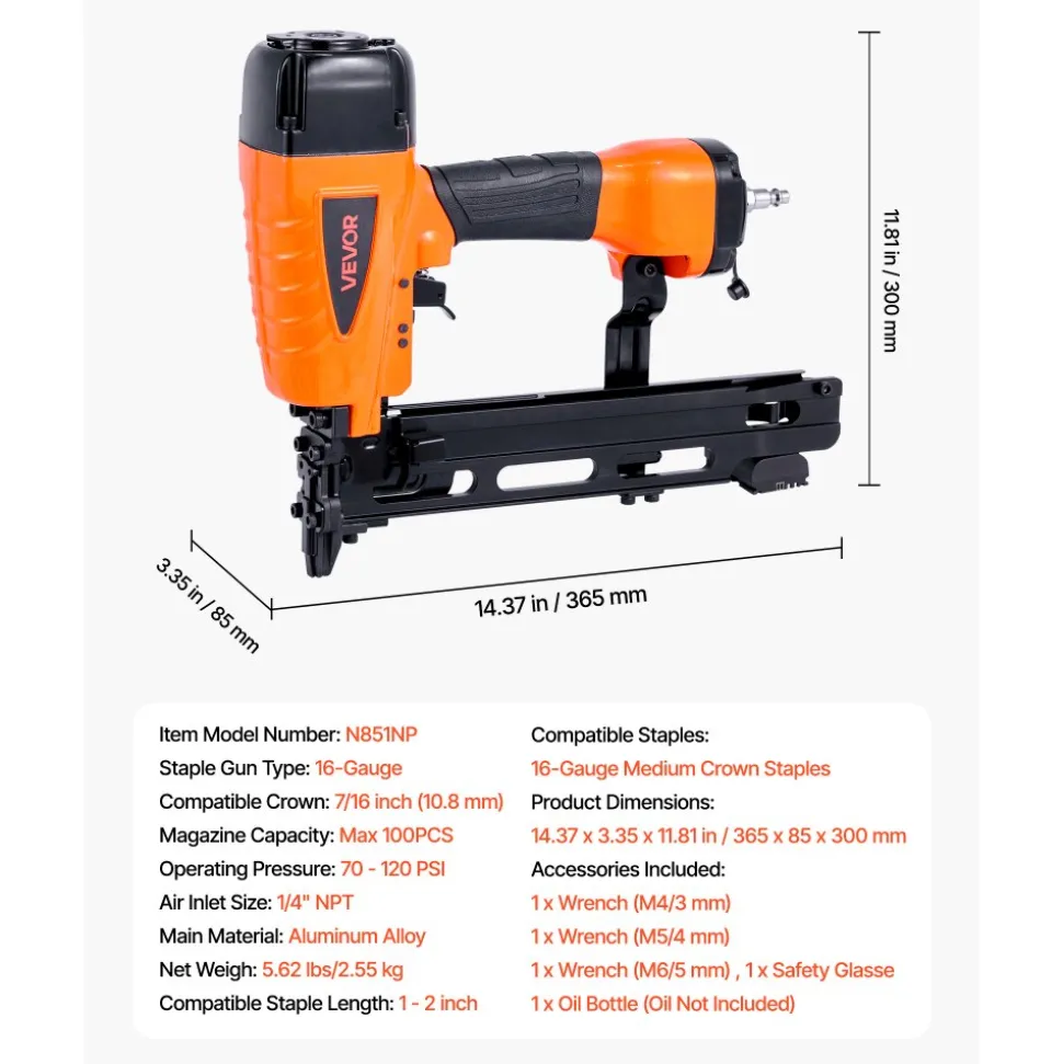 VEVOR Pneumatic Staple Gun, 16 Gauge 7/16-inch Medium Crown Pneumatic Stapler 1" to 2" Length, 70-120PSI Heavy Duty Air-Powered Staple Gun for Roof Decking, Wall Sheathing, Fencing and Subflooring