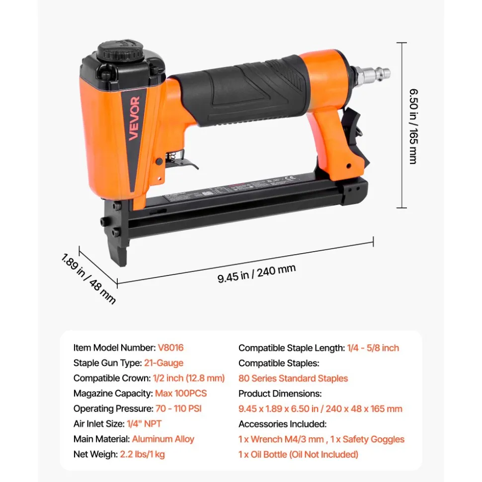 VEVOR Pneumatic Staple Gun, 21 Gauge Long-Nose Upholstery Stapler for 80 Series Fine Wire Staples 1/2-inch Crown 1/4"-5/8" Length, Max 150PCS Loading Air Staple Gun for Upholstering, Woodworking, DIY