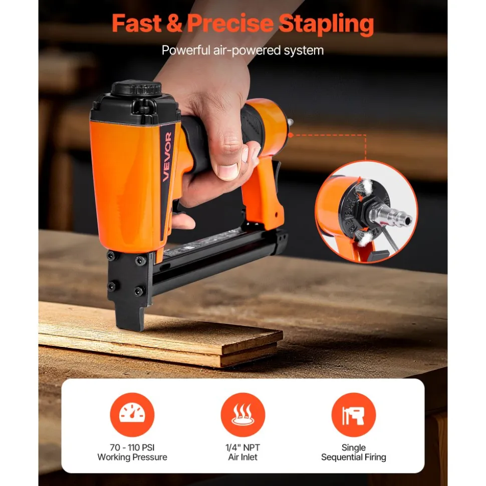 VEVOR Pneumatic Staple Gun, 21 Gauge Long-Nose Upholstery Stapler for 80 Series Fine Wire Staples 1/2-inch Crown 1/4"-5/8" Length, Max 150PCS Loading Air Staple Gun for Upholstering, Woodworking, DIY