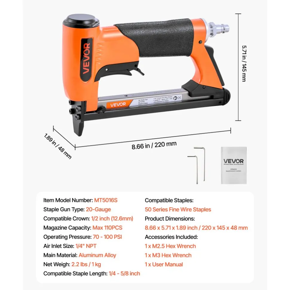 VEVOR Pneumatic Staple Gun, 22 Gauge Long-Nose Upholstery Stapler for 71 Series Fine Wire Staples 3/8-inch Crown 1/4"-5/8" Length, Max 180PCS Loading Air Staple Gun for Upholstering, Woodworking, DIY