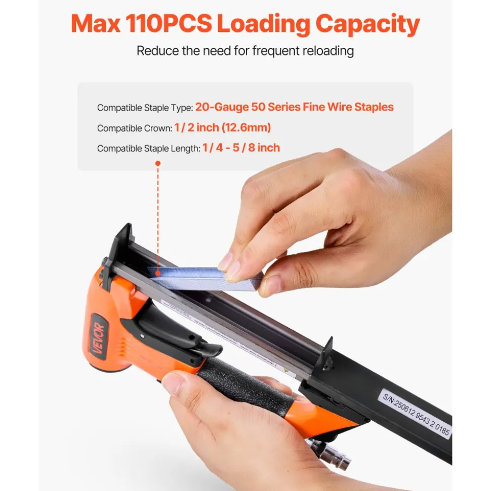 VEVOR Pneumatic Staple Gun, 22 Gauge Long-Nose Upholstery Stapler for 71 Series Fine Wire Staples 3/8-inch Crown 1/4"-5/8" Length, Max 180PCS Loading Air Staple Gun for Upholstering, Woodworking, DIY